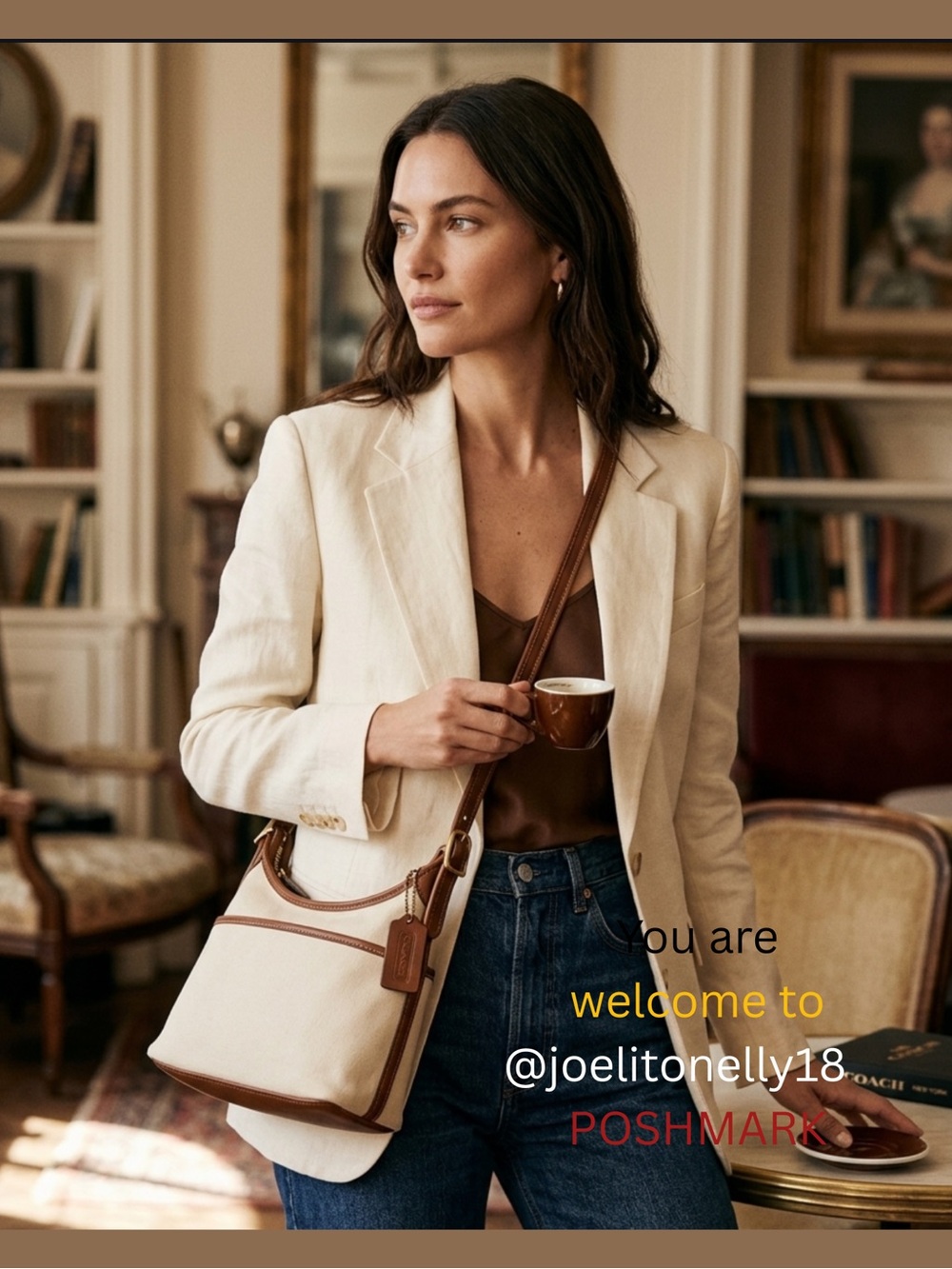 Coach Vintage 9123 Cream Canvas Tote with Brown Leather Trim 🥰🥰🥰
